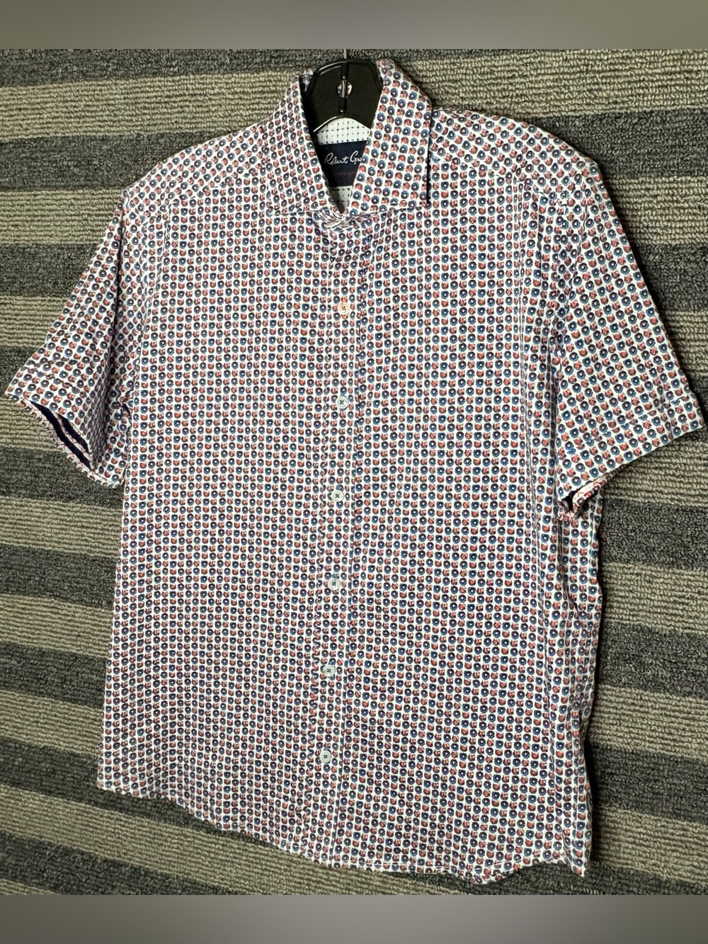 Robert Graham Geometric Pattern Stretch Cotton Short Sleeve Button-Up Shirt M